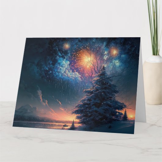 Winter Evergreen Tree & Fireworks Karte (Vorderseite)
