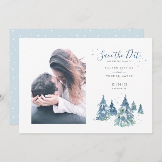Winter Evergreen Tree Watercolor Hochzeitssemble F Save The Date (Vorne/Hinten)