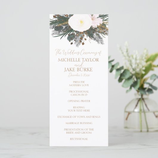 Winter Evergreen Wedding Zeremonie Programm (Stehend Vorderseite)