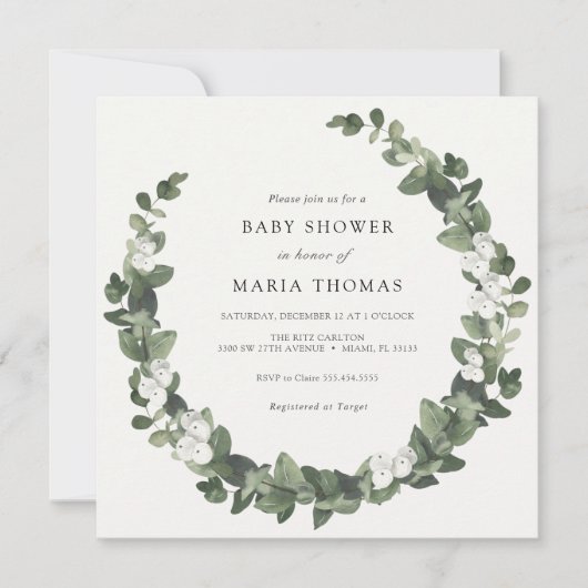 Winter Evergreen White Baby Shower Einladung (Vorderseite)