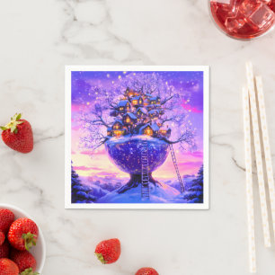Winter-Fantasie Schneebaum Dorf Landschaft Serviette