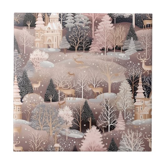 Winter-Fantasieschloss-Landschaft mit rosa Hirsche Fliese (Vorderseite)