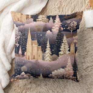 Winter-Fantasieschloss-Landschaft mit rosa Hirsche Kissen