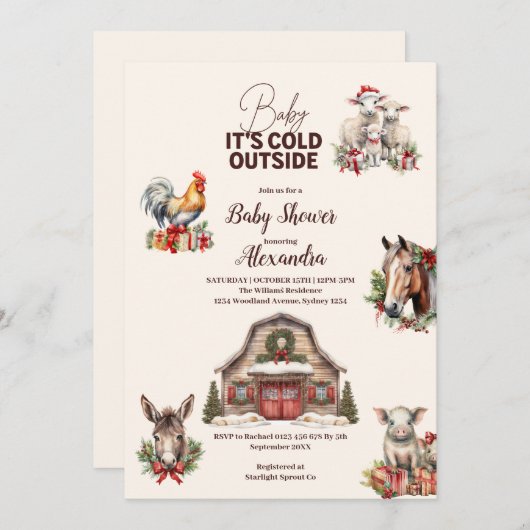 Winter Farm Animals Weihnachtsdusche Einladung (Vorne/Hinten)
