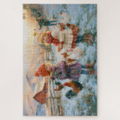 Winter Farm Hühner Kinder Rote Scheune Malerei Puzzle (Vertikal)
