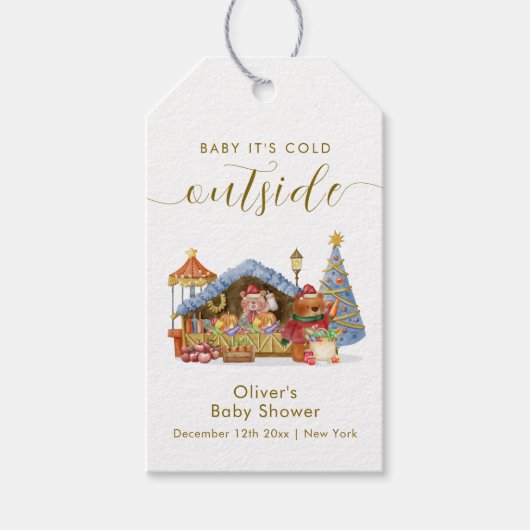 Winter Farmer Market Teddy Bear Baby Shower Geschenkanhänger (Vorderseite)