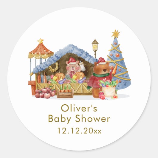 Winter Farmer Market Teddy Bear Baby Shower Runder Aufkleber (Vorderseite)