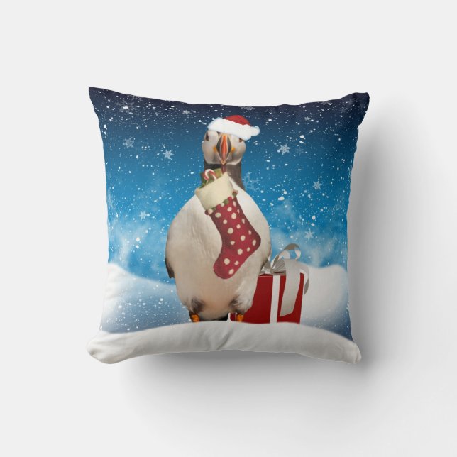 Winter-FeiertagPuffin mit Strumpf und Geschenk Kissen (Vorderseite)