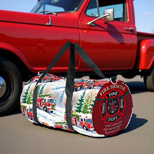 Winter Fire Truck Holiday Personalized Duffle Bag