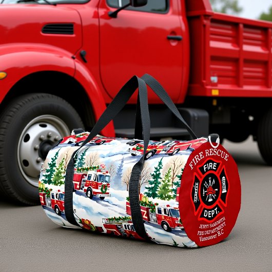 Winter Fire Truck Holiday Personalized Duffle Bag