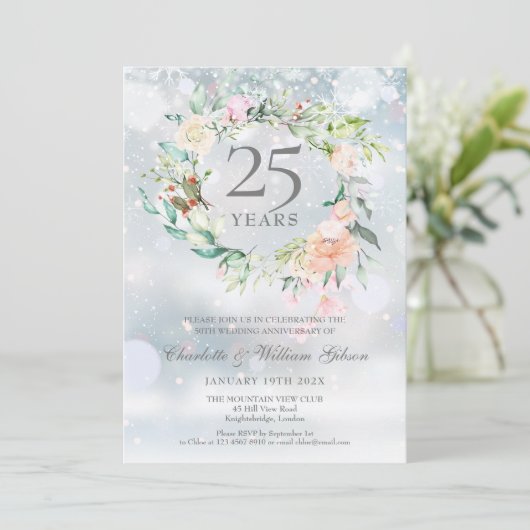Winter Floral 25. Silver Wedding Jubiläum Einladung (Stehend Vorderseite)