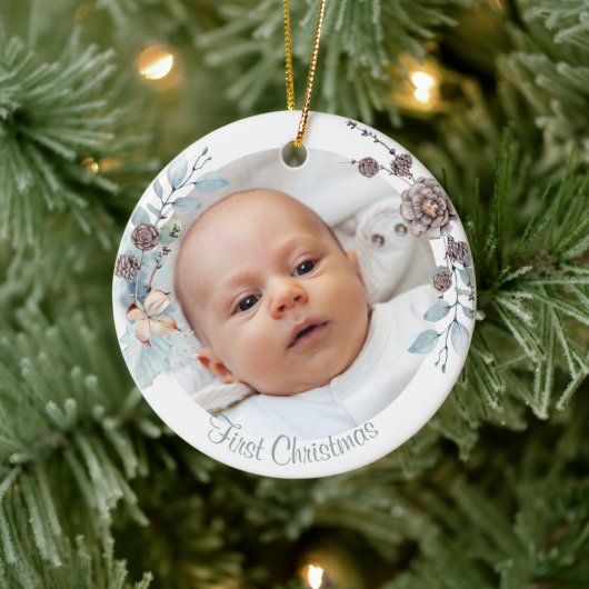 Winter Floral Baby's First Christmas Foto Keramik Ornament (Baum)