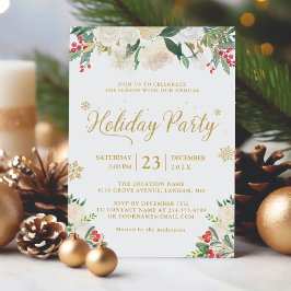 Winter Floral Berries Gold Glitzer Holiday Party Einladung