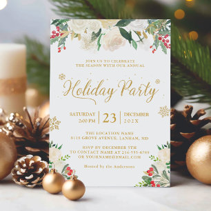 Winter Floral Berries Gold Glitzer Holiday Party Einladung