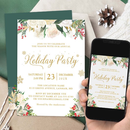 Winter Floral Berries Gold Glitzer Holiday Party Einladung