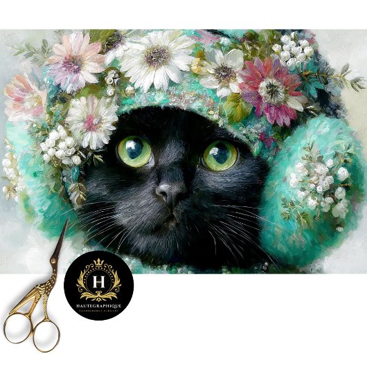 Winter Floral Black Cat Decoupage Seidenpapier