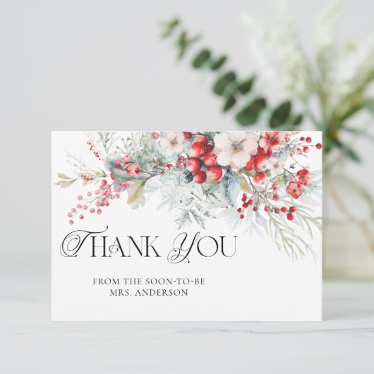 Winter Floral Brautparty Danke Karte (Stehend Vorderseite)
