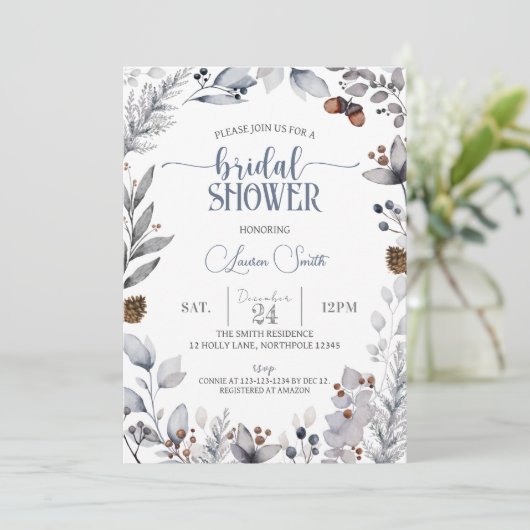 Winter Floral Bridal Dusche Einladung (Stehend Vorderseite)