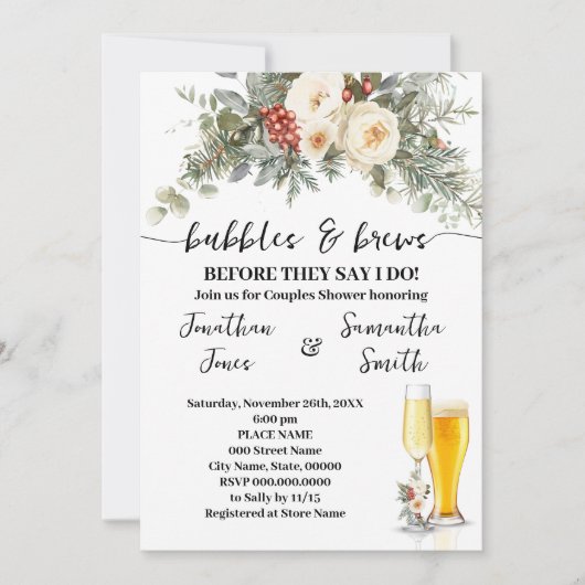 Winter Floral Bubbles & Brews Shower Einladung (Vorderseite)