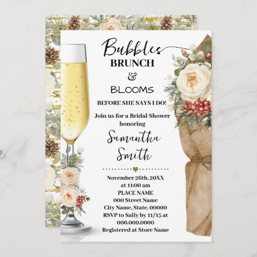 Winter Floral Bubbles Brunch & Bloom Bridal Shower Einladung (Vorne/Hinten)