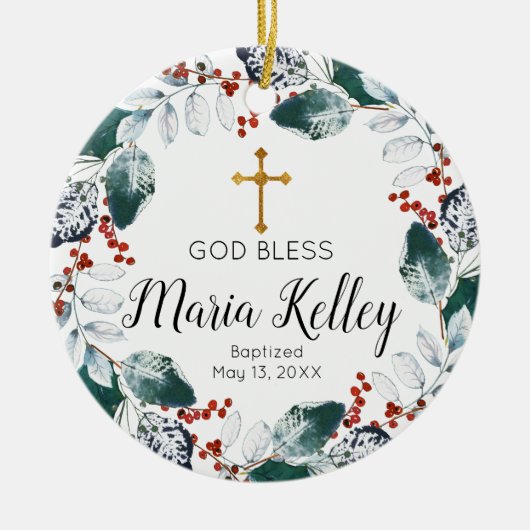 Winter Floral Burgundy Personalisiert Girl Baptiss Keramik Ornament (Vorne)