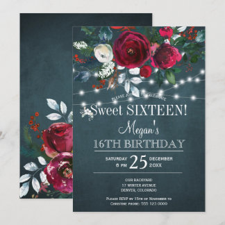 Winter floral elegant burgundy 16 . Geburtstag Einladung