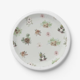 Winter Floral Elegante Green Rustic Baby Dusche Pappteller