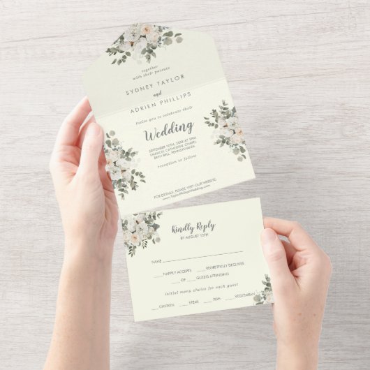 Winter floral | Elfenbeinhochzeit All In One Einladung (Abreißen)