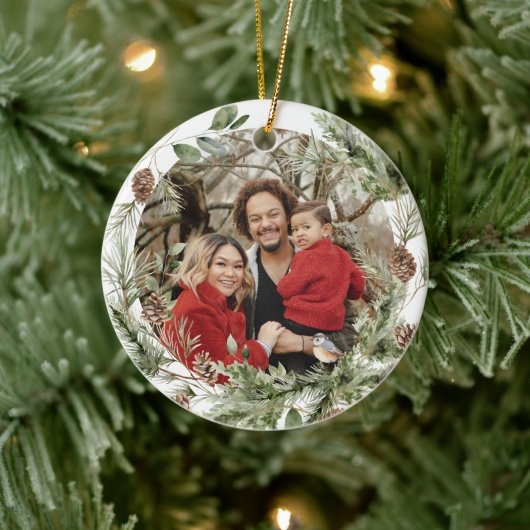 Winter Floral Family First Christmas Custom Foto Keramik Ornament (Baum)