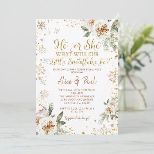 Winter Floral Gold Snowflake Gender Reveal Einladung (Stehend Vorderseite)