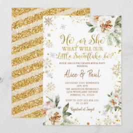 Winter Floral Gold Snowflake Gender Reveal  Einladung