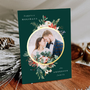 Winter Floral Grün und Gold Kreis Foto Folien Feiertagskarte