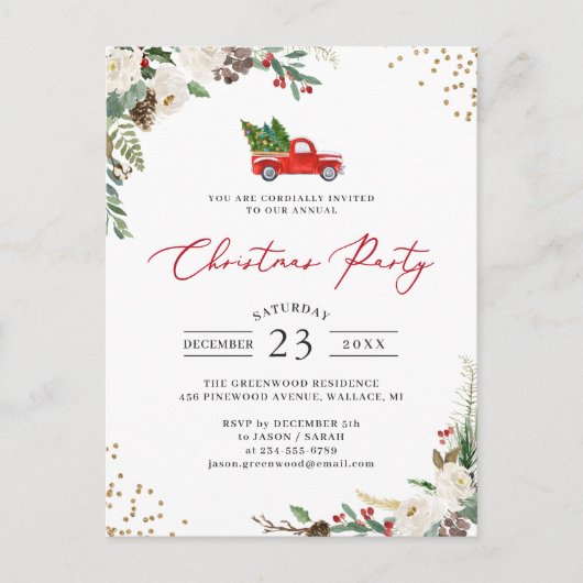 Winter Floral Holly Berries Truck Christmas Party Postkarte (Vorderseite)