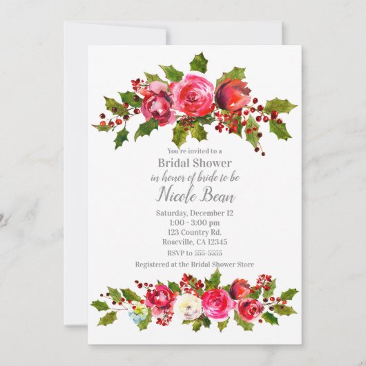 Winter Floral Holly Berry Holiday Brautparty Einladung (Vorderseite)