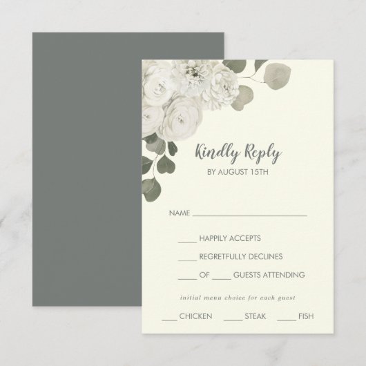 Winter Floral|Ivory Menu Choice Wedding RSVP Card Karte (Vorne/Hinten)
