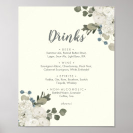 Winter floral | Ivory Wedding Drinks Menu Sign Poster