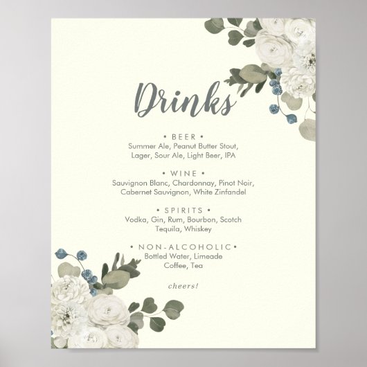 Winter floral | Ivory Wedding Drinks Menu Sign Poster (Vorne)