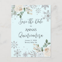 Winter Floral Light Blue Quinceanera Save the Date