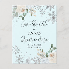Winter Floral Light Blue Quinceanera Save the Date Postkarte