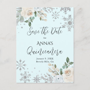 Winter Floral Light Blue Quinceanera Save the Date Postkarte