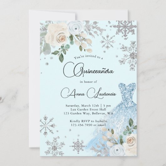 Winter Floral Light Blue und Silver Quinceanera Einladung (Vorderseite)