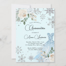 Winter Floral Light Blue und Silver Quinceanera Einladung