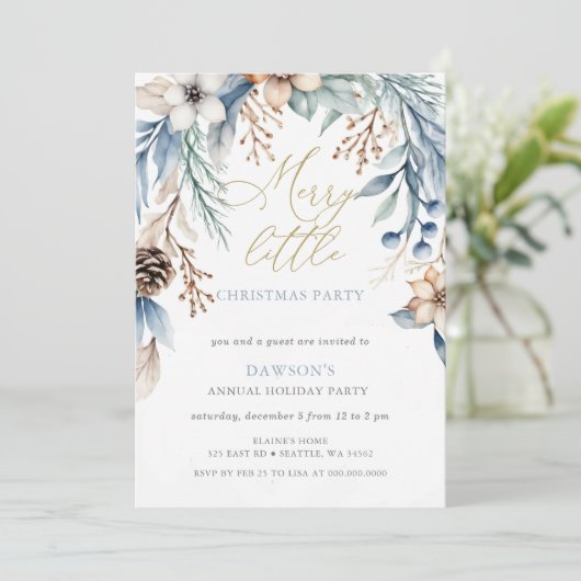 Winter Floral Merry Little Christmas Party Einladung (Stehend Vorderseite)