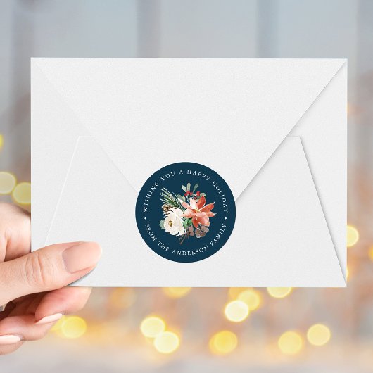 Winter Floral Navy Holiday Runder Aufkleber