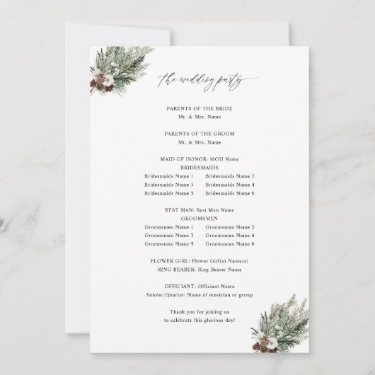 Winter Floral & Pine 2 Hochzeitsfeier Programm (Rückseite)