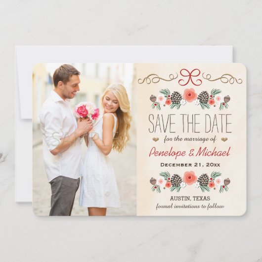 Winter Floral Pine Cone Weihnachten Save the Date (Vorderseite)