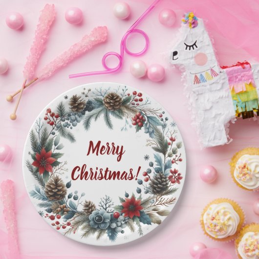 Winter Floral Pine Cones Wreath Pappteller (Party)