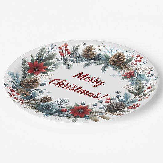 Winter Floral Pine Cones Wreath Pappteller (Schrägansicht)