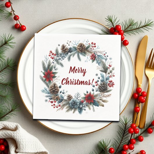 Winter Floral Pine Cones Wreath Serviette