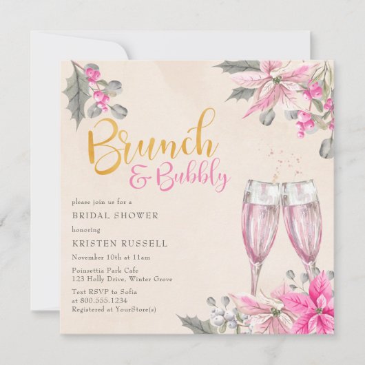 Winter Floral Pink Brunch Bubbly Brautparty Einladung (Vorderseite)